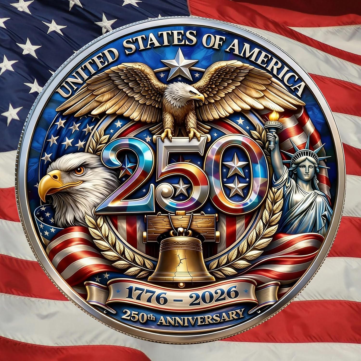 OOOOYCYHT USA 250th anniversary challenge coin front view showcasing bald eagle engraving