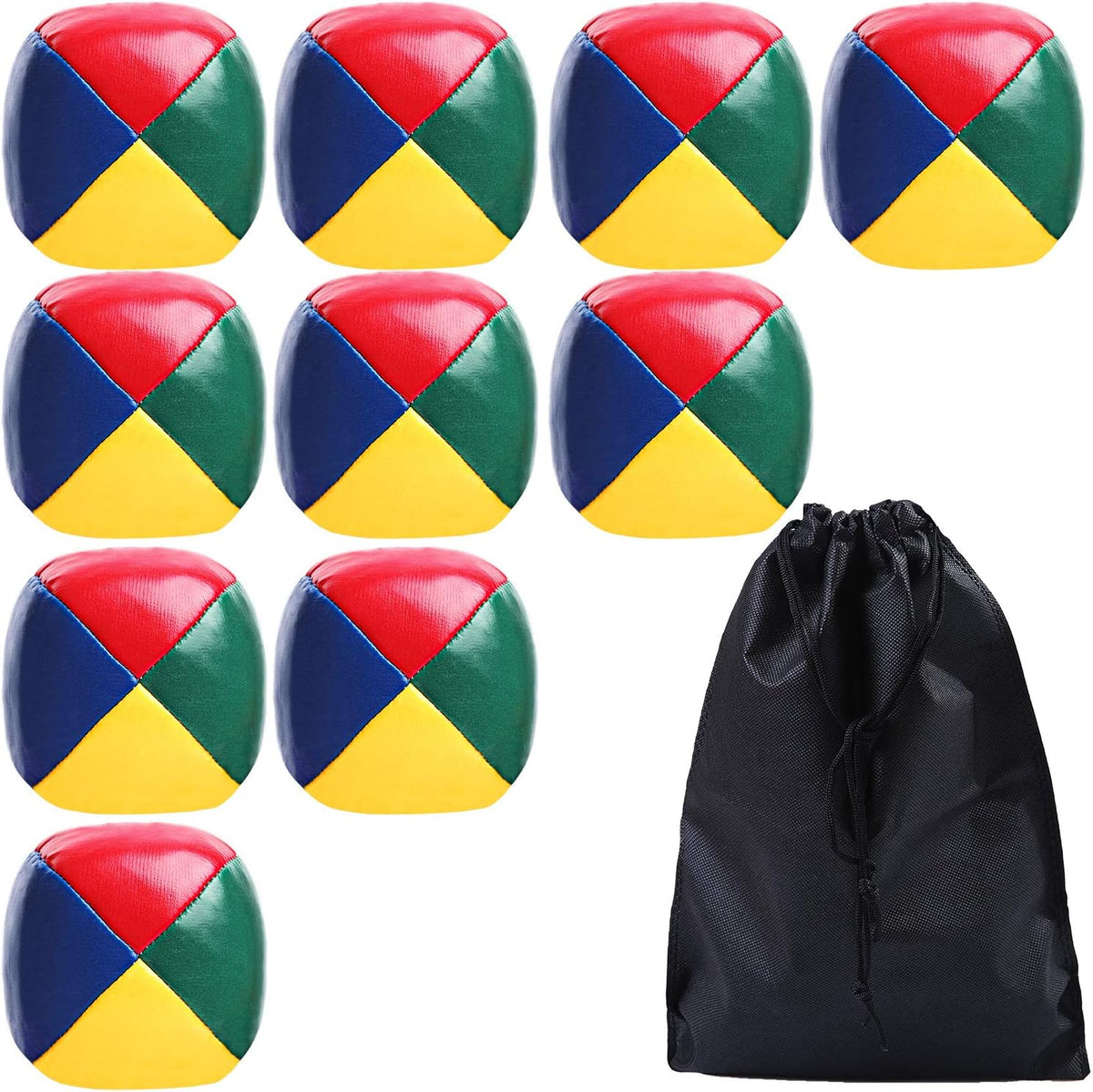 URATOT 10 Pack Juggling Balls front view showing vibrant four-panel colors for beginners hand-eye coordination practice.