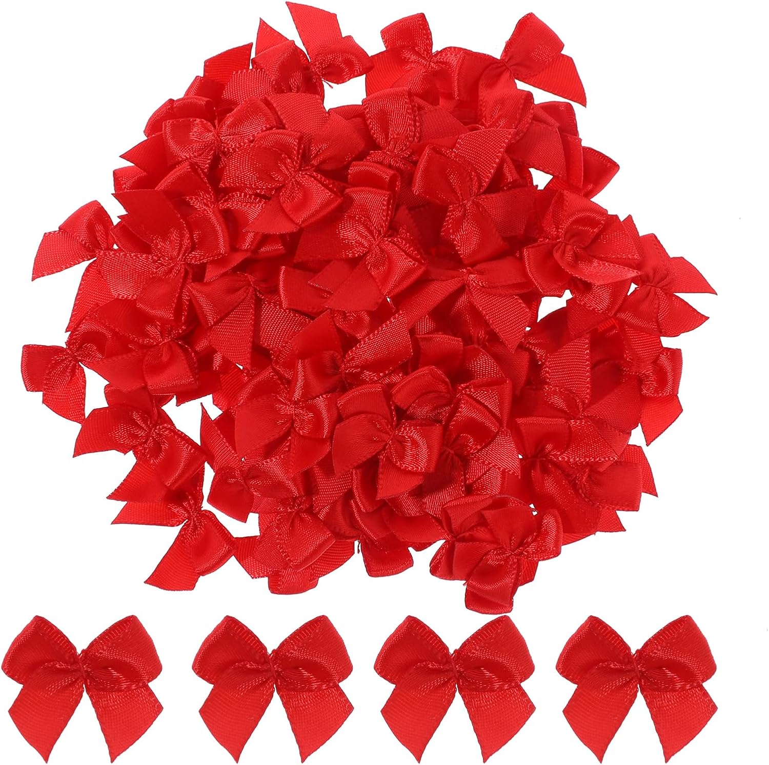 Mozeat Lens mini red satin ribbon bows 100 count pack front view showcasing uniform shape and vibrant red color.