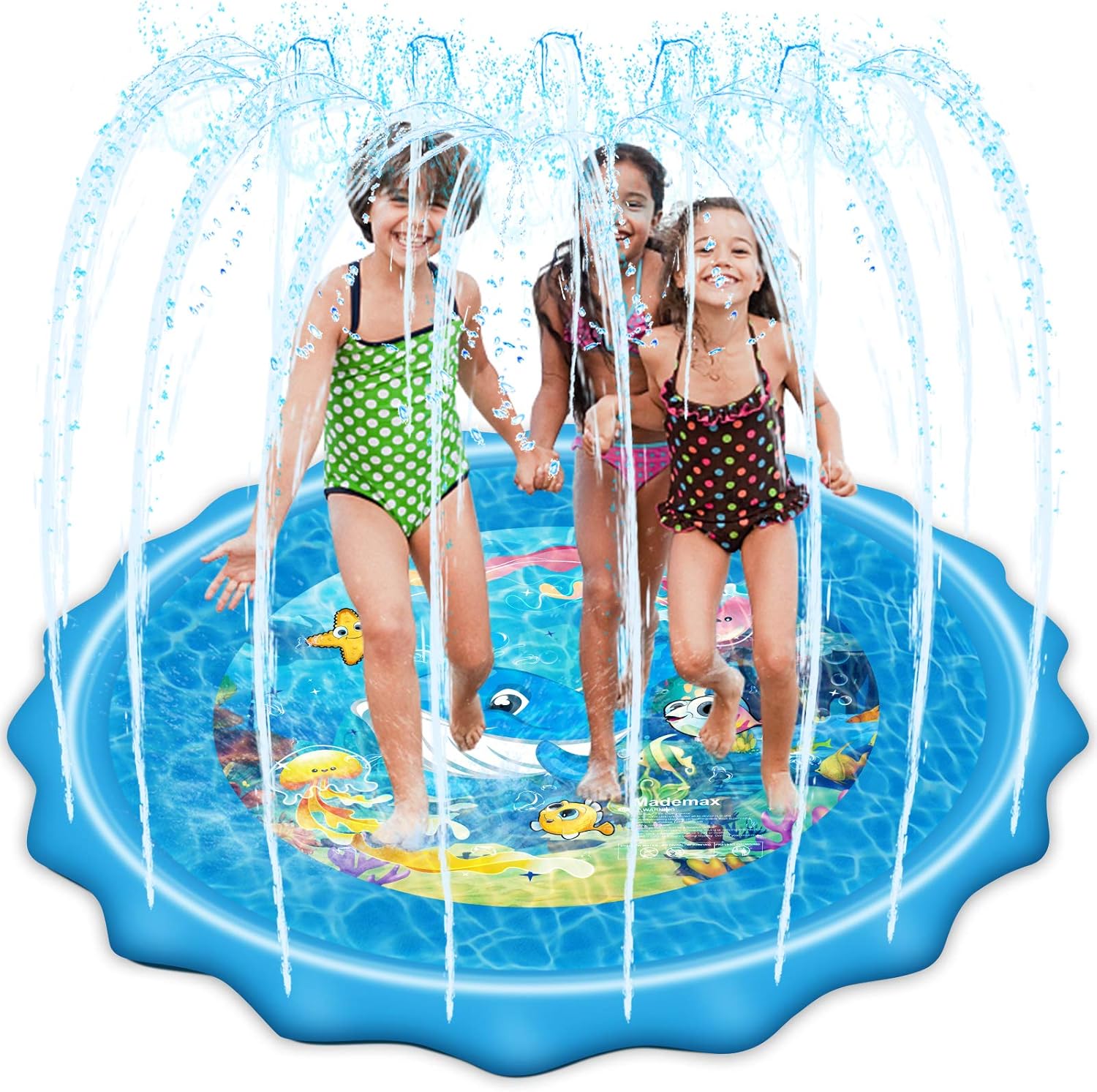 Mademax Upgraded 67 Inch Splash Pad front view showing blue inflatable water mat on a green lawn.