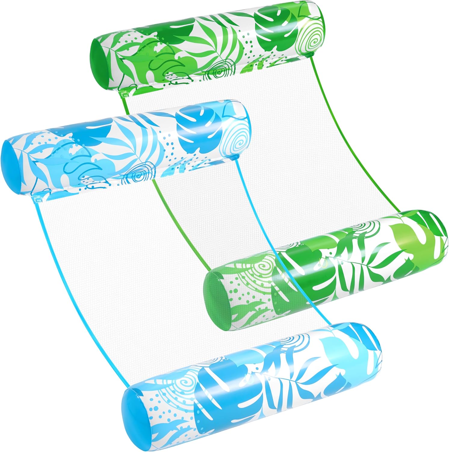 Sloosh 2 Pack Hammock Pool Floats for adults showcasing botanical patterns on a water surface.