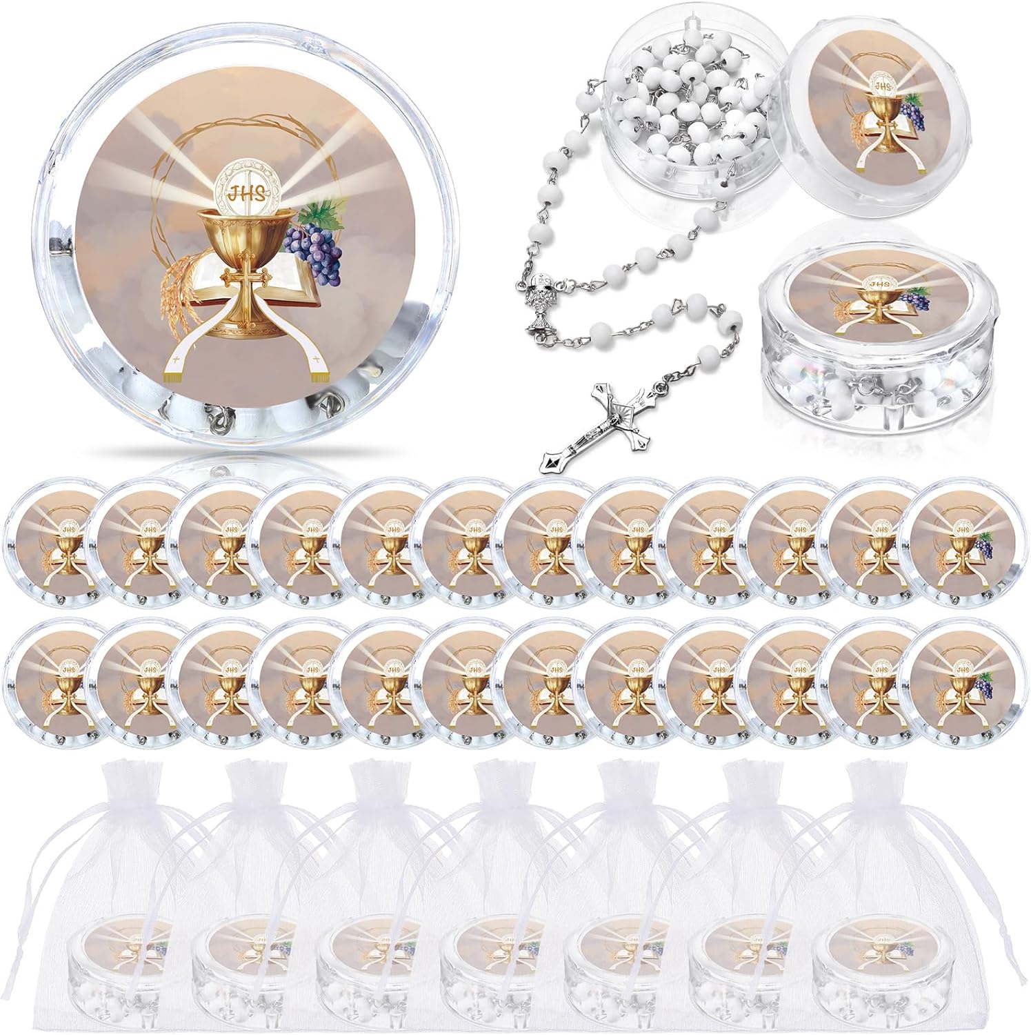 Tondiamo 24 piece first holy communion scented rosaries front view showing white beads and chalice centerpiece