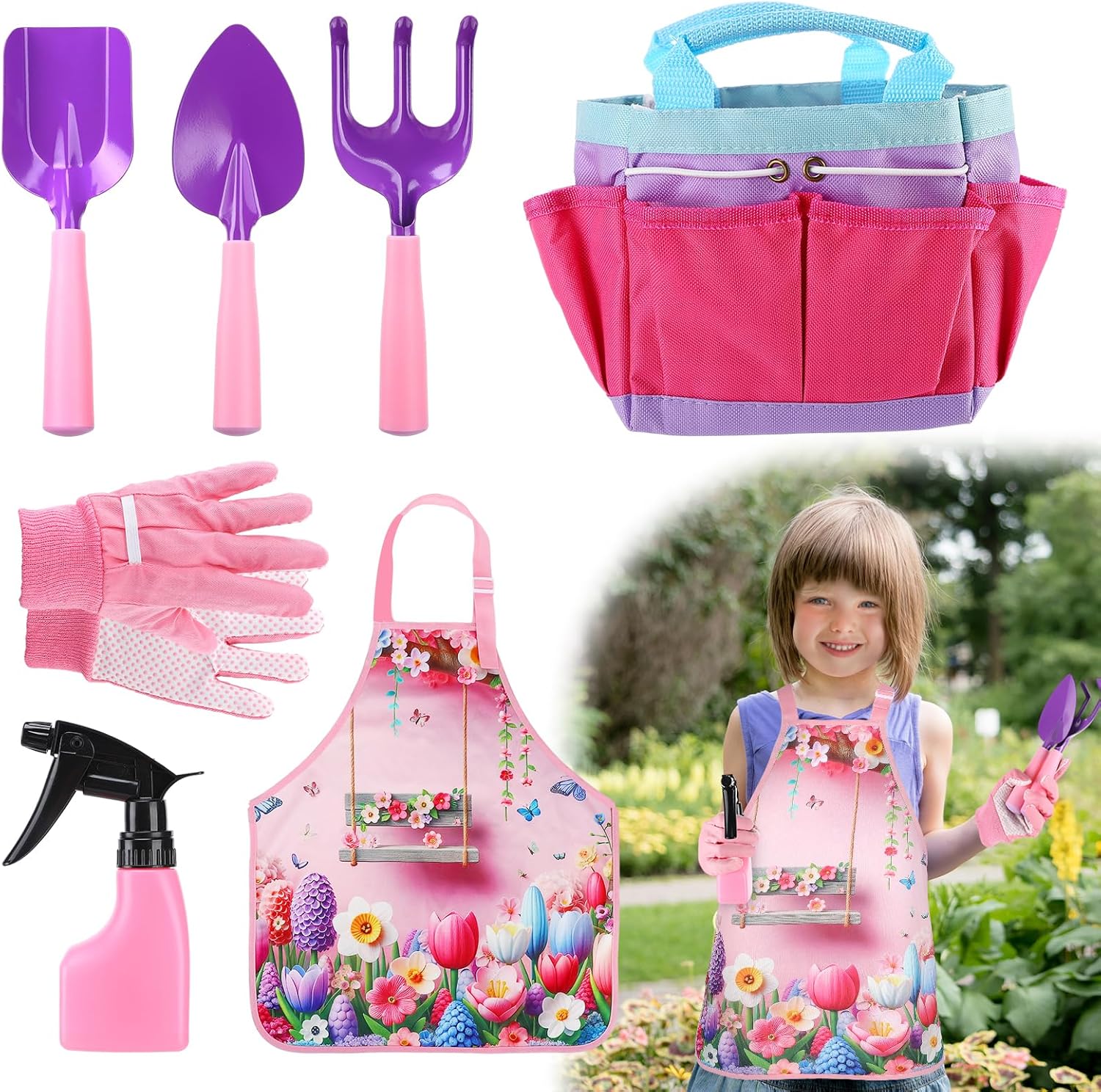 Acostop kids gardening tool set front view pink flower style outdoor toys