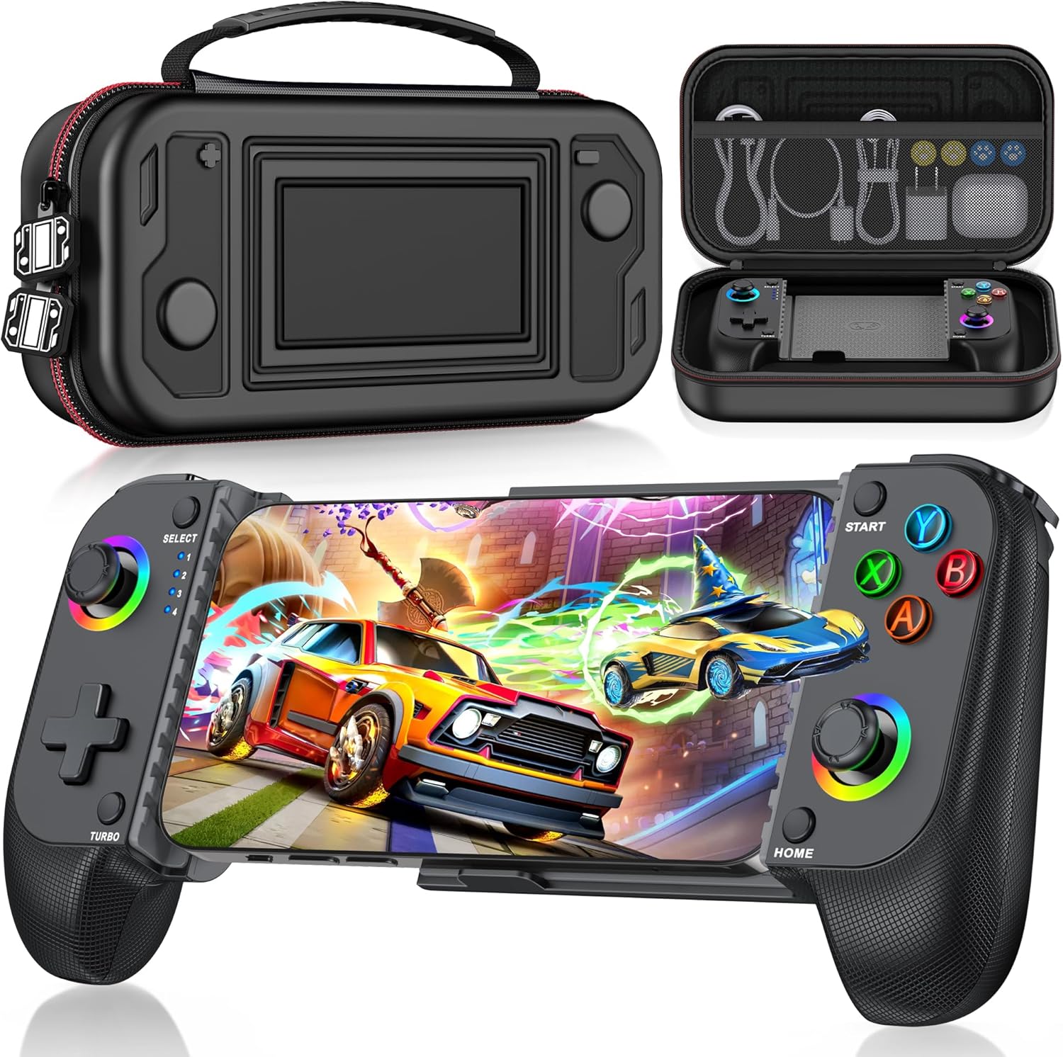 Xllent wireless phone controller front view showing Hall Effect joysticks and RGB lighting buttons.