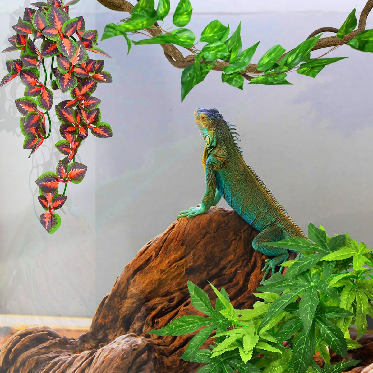 Silk leaves reptile terrarium decor close up