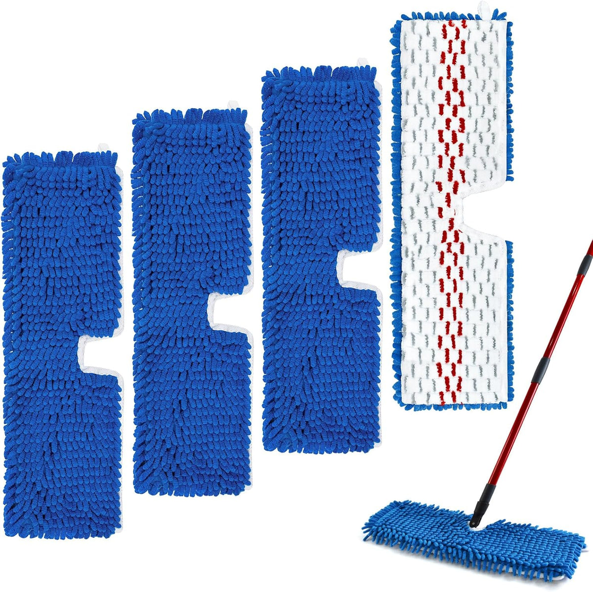 Unbranded mop head replacement 4 pack front view showing blue chenille side for dry sweeping floors.