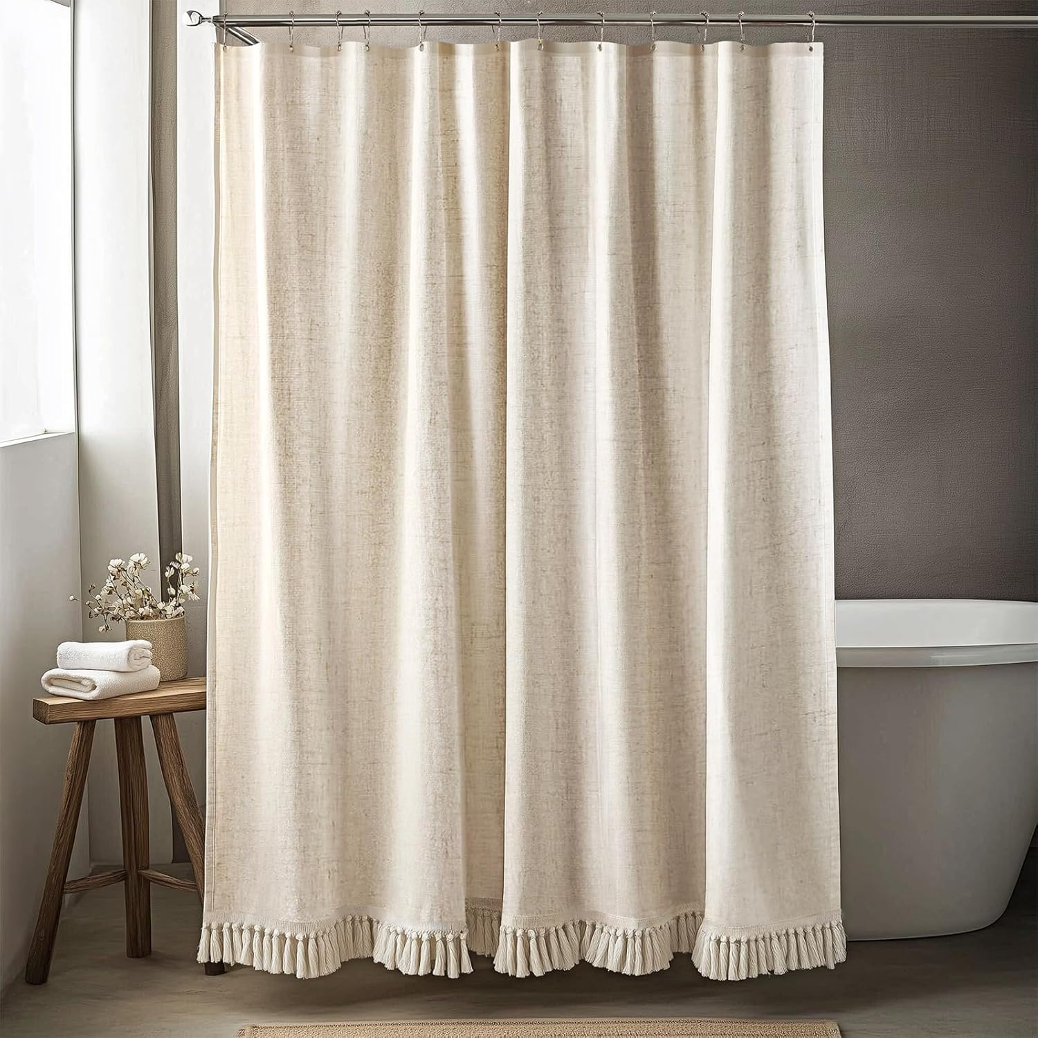 Turkio linen shower curtain boho beige front view in modern farmhouse bathroom