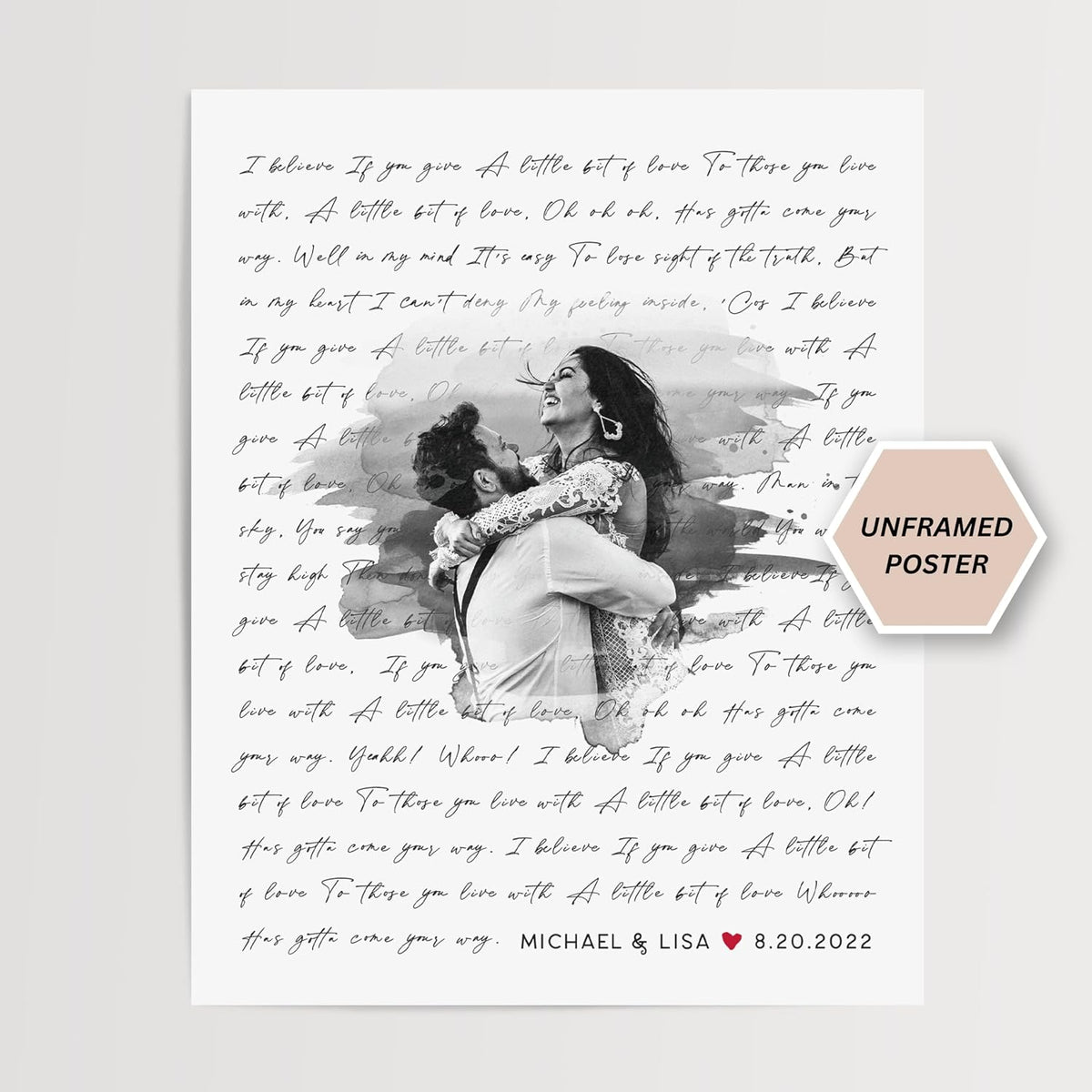 Close up of custom wedding lyrics typography on print
