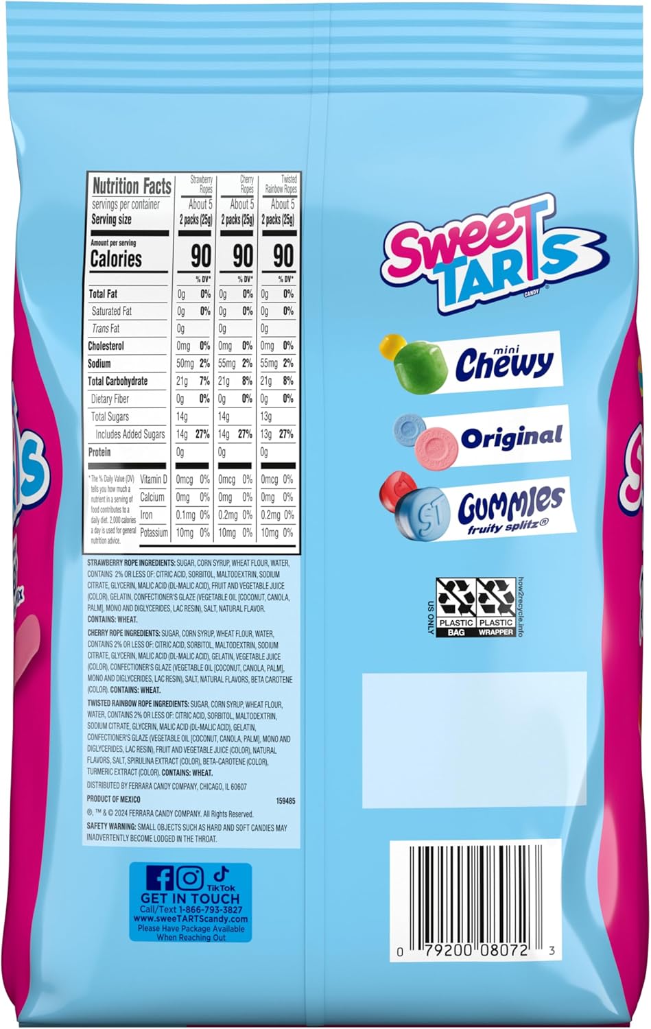 Group of individually wrapped SweeTARTS Ropes in Cherry Strawberry and Rainbow flavors