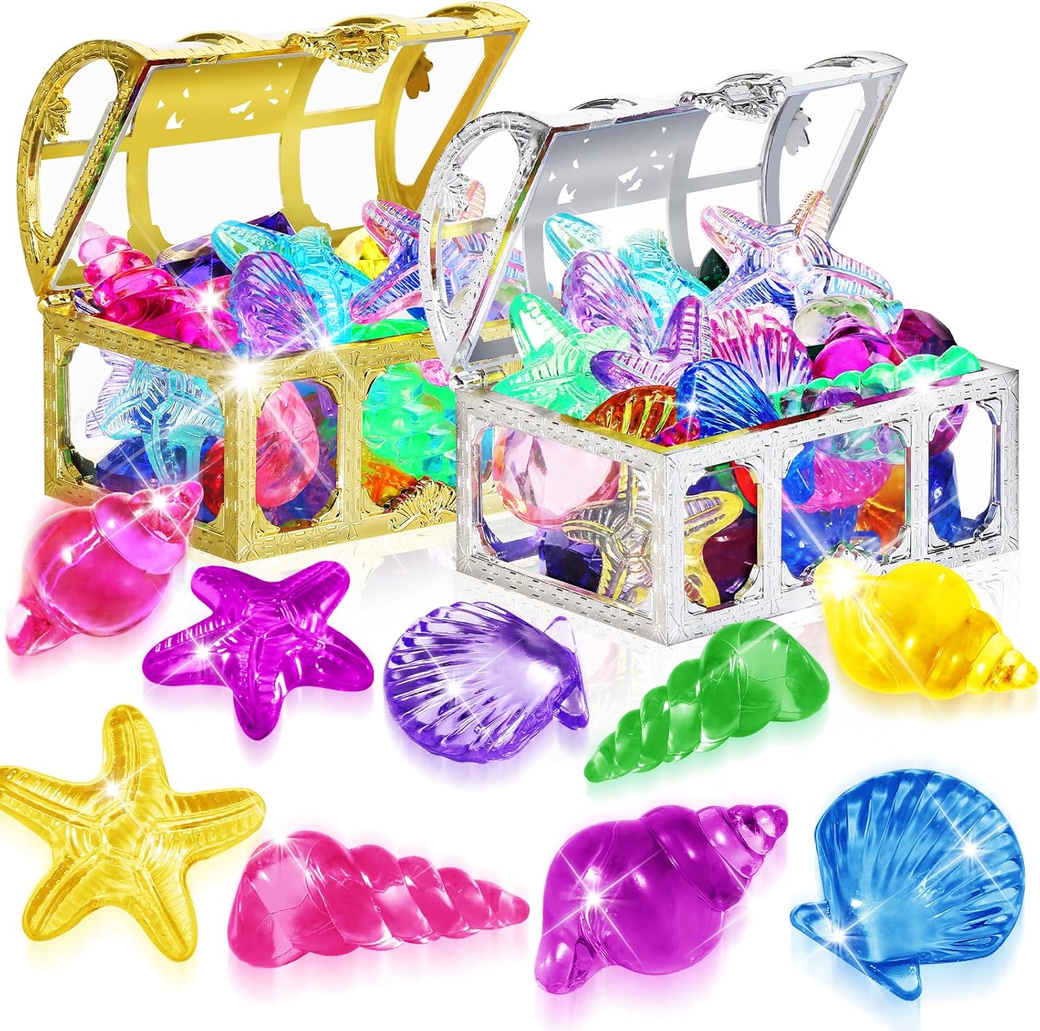 Duchong pool toys thirty six pieces diving gems front view with gold and silver treasure boxes