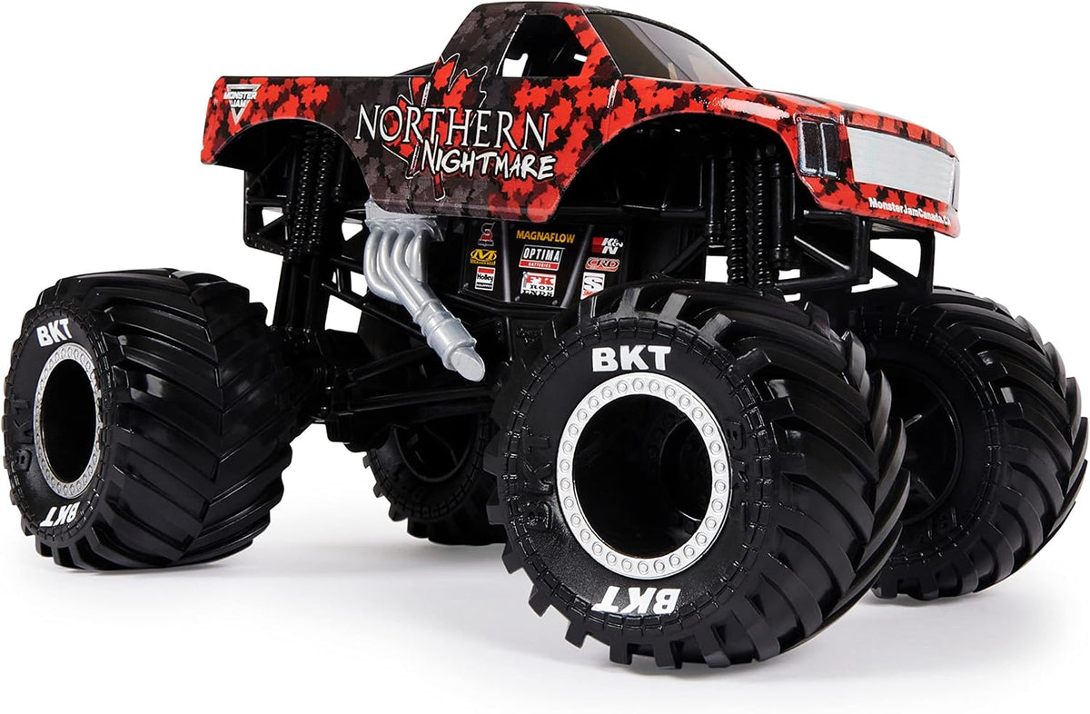 Side profile of Monster Jam Northern Nightmare die-cast vehicle with BKT tires
