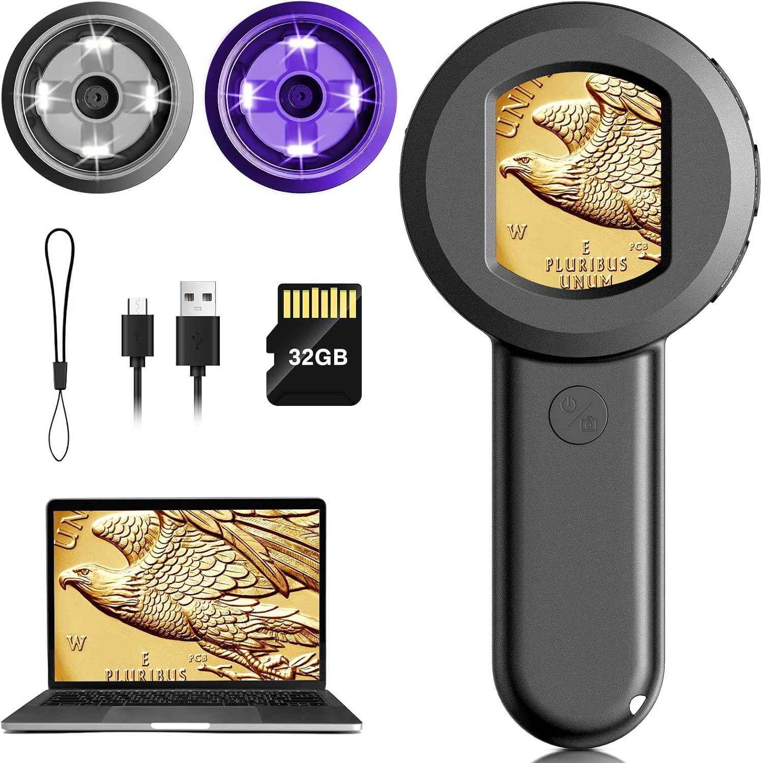 MAXLAPTER pocket digital microscope front view showing the 2 inch screen displaying a magnified coin