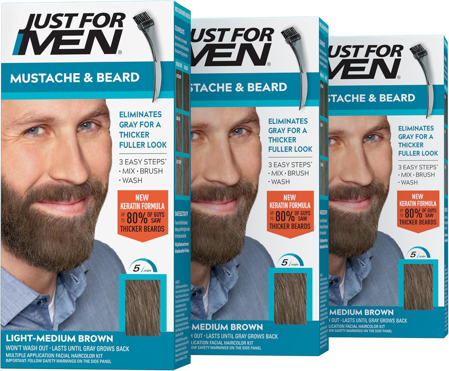Just For Men Mustache and Beard Light-Medium Brown 3-pack box front view