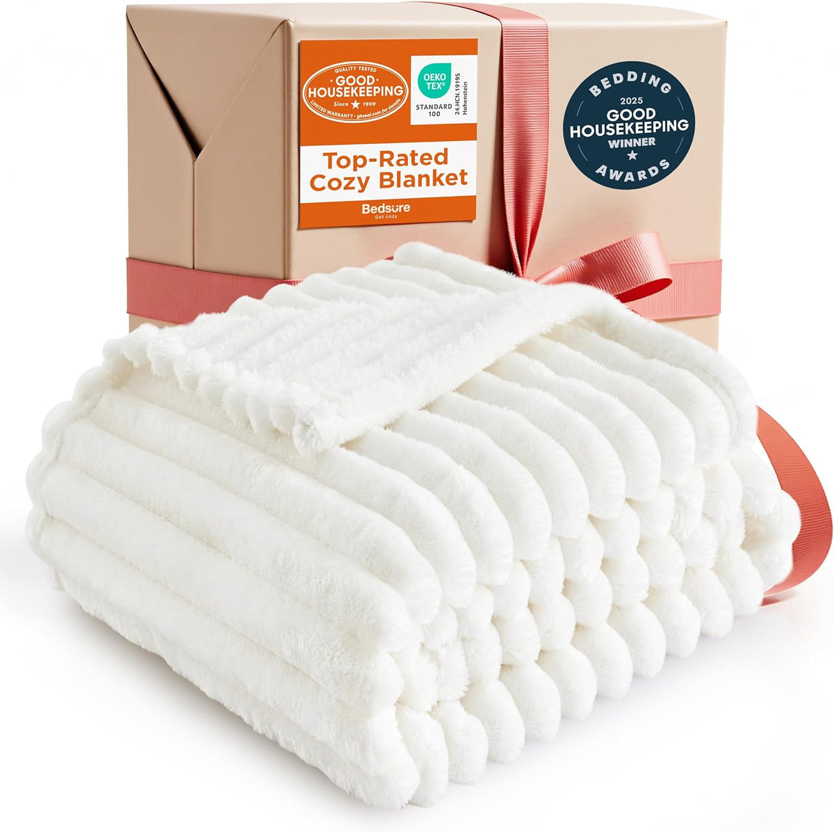 Bedsure GentleSoft white throw blanket folded on a modern couch