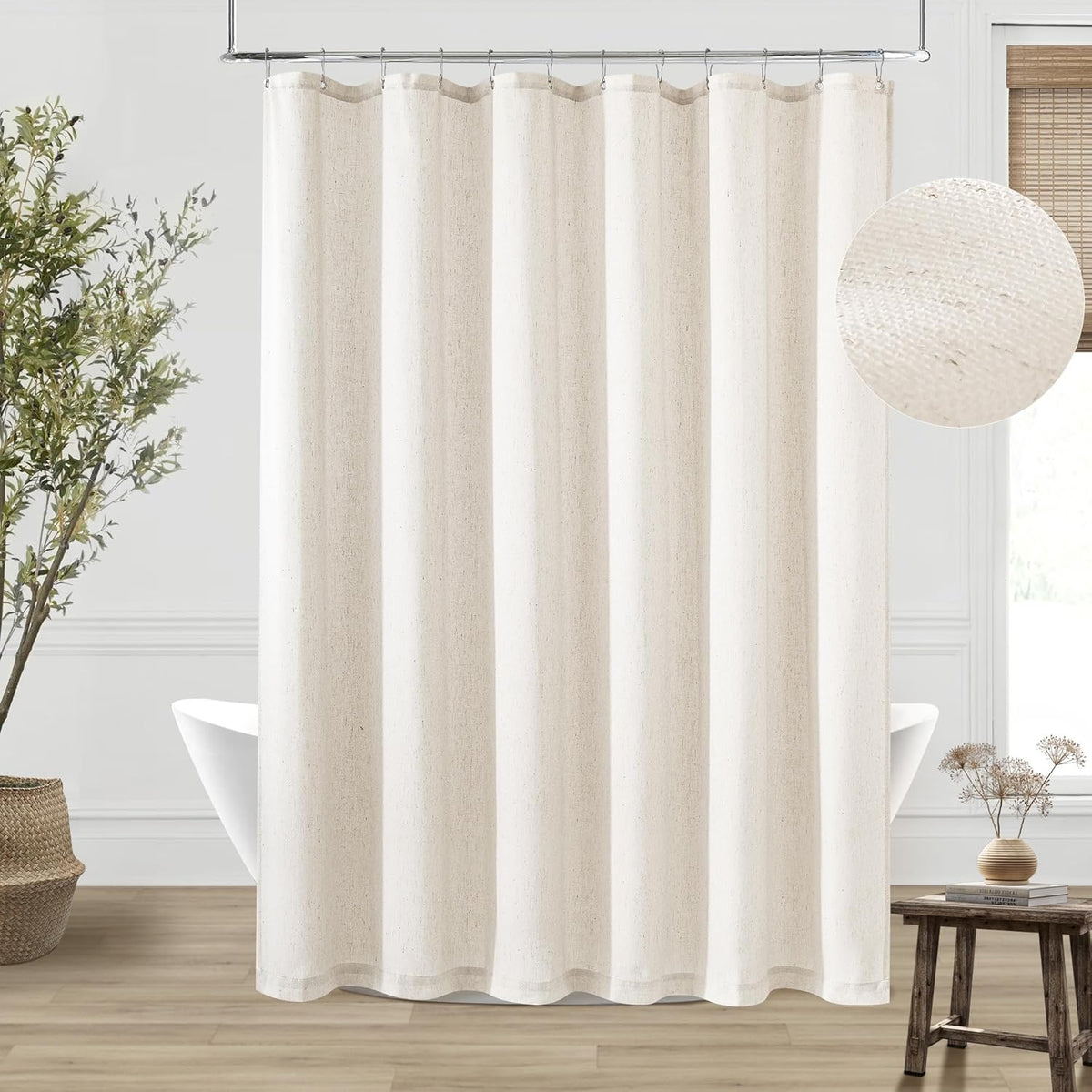 DUKIYO linen shower curtain front view showing cream ivory birch farmhouse style texture.