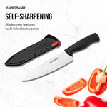 High-carbon stainless steel chef knife blade unsheathed from Farberware protective sleeve