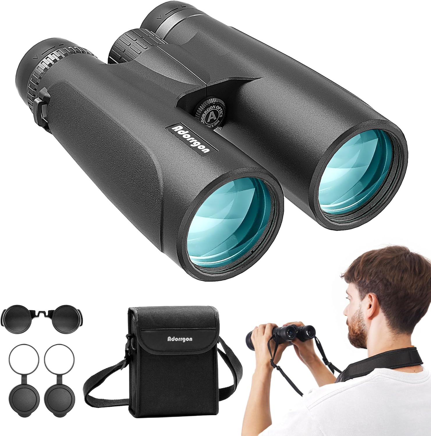 Adorrgon 12x54 HD Binoculars front view showcasing high powered objective lenses with teal coatings