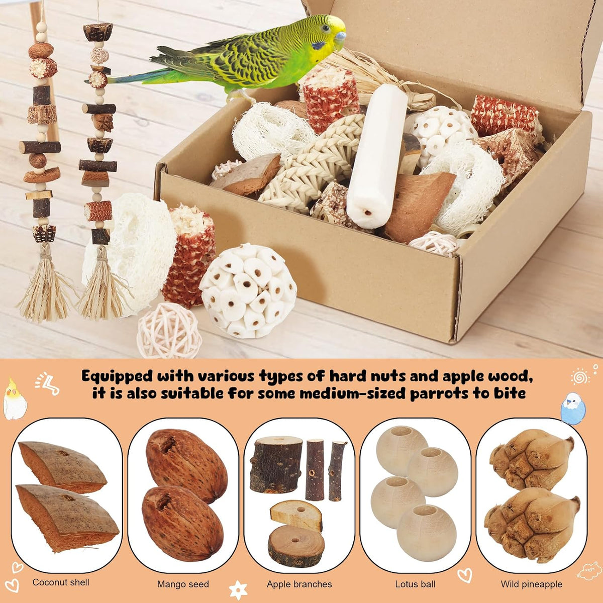 ZooVibe interactive parakeet toy with pine cones and coconut shell textures