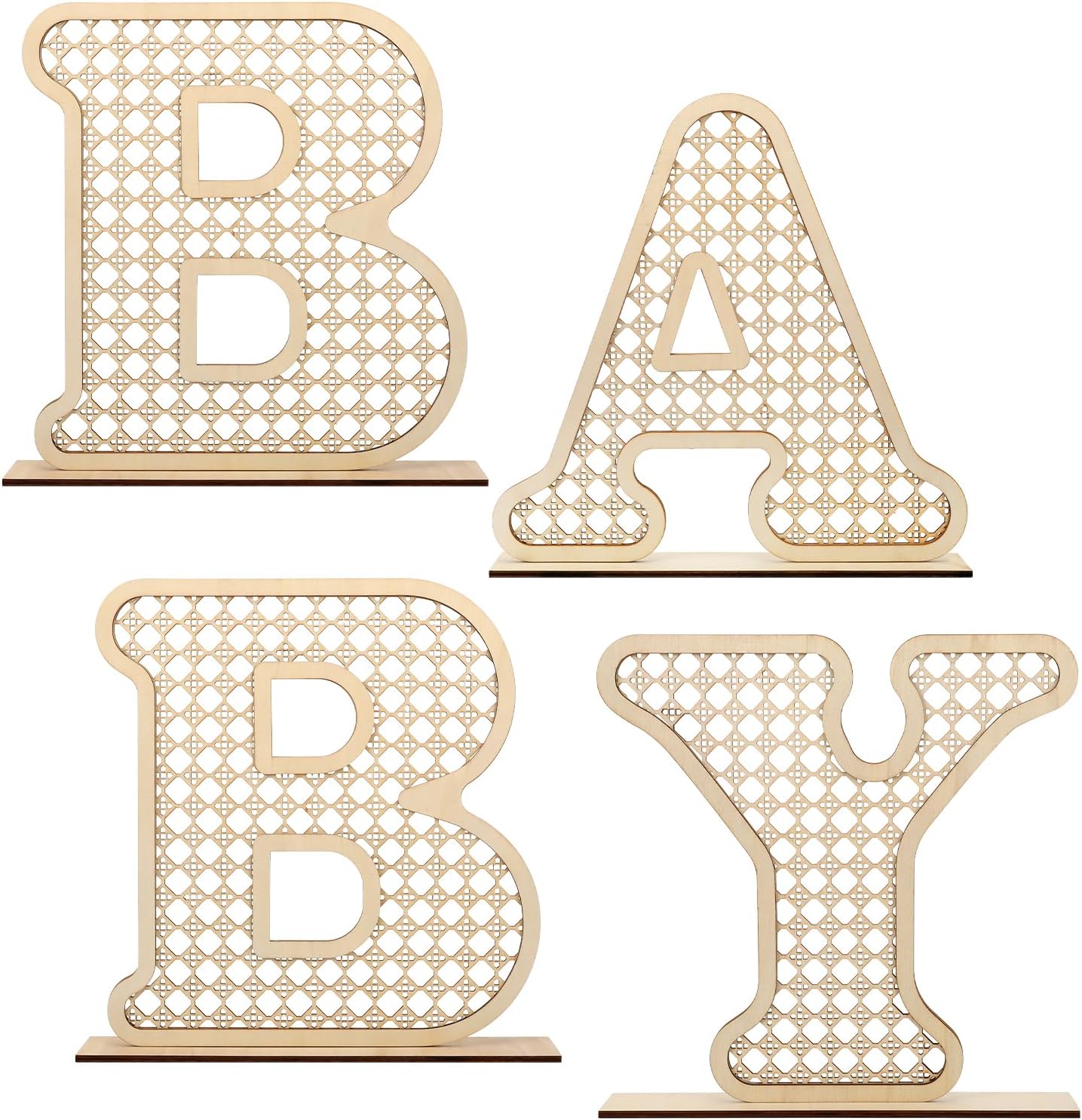 Generic wood baby letters front view on a white nursery shelf.