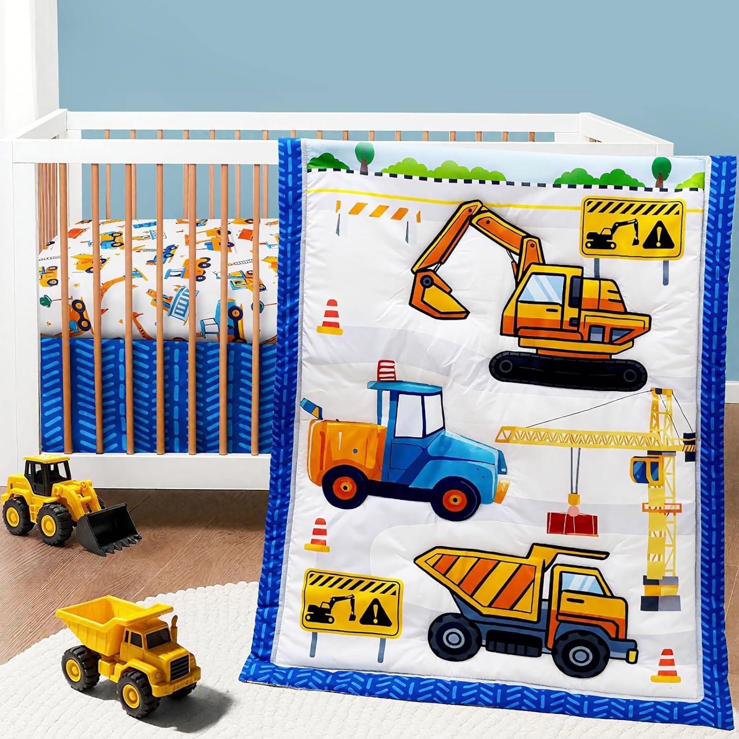 FIGEPO 3 piece baby boy crib bedding set front view showcasing the construction theme quilted comforter