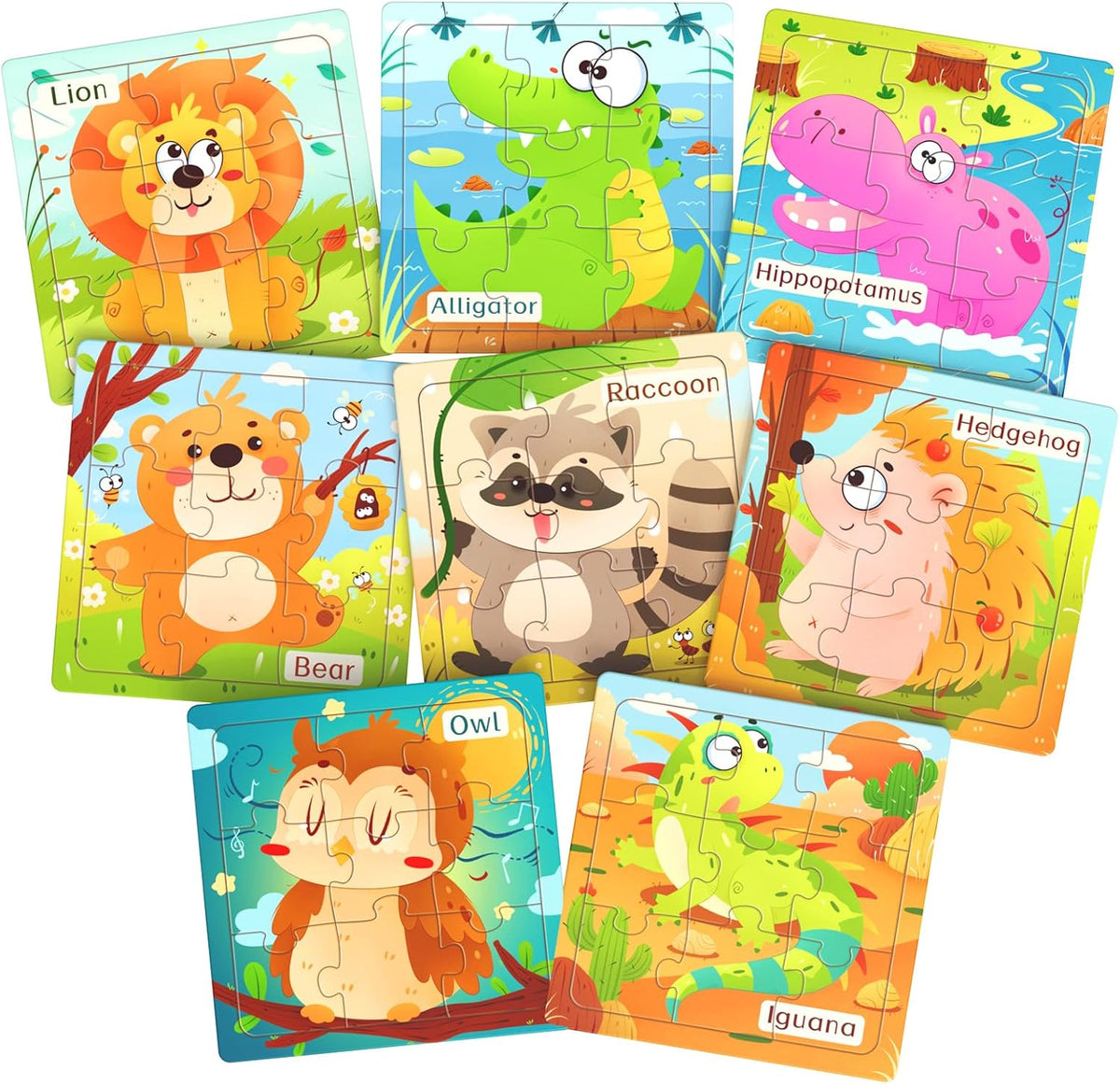 Zeoddler wooden puzzles for toddlers eight pack animal jigsaw set front view