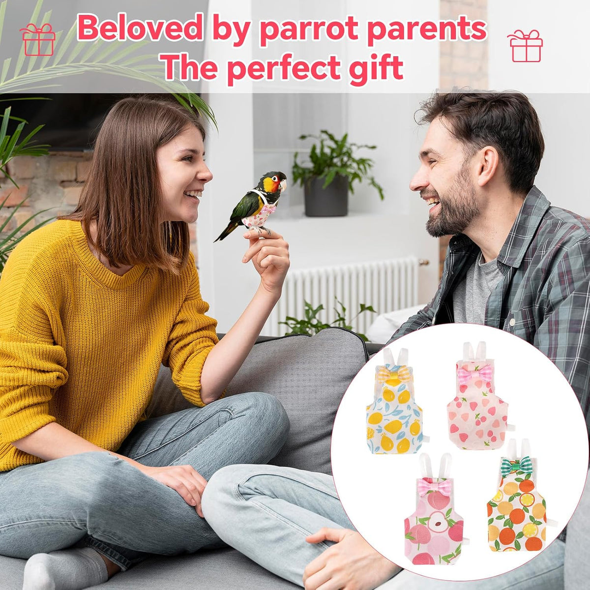 Packaging assortment of four distinct fruit patterned reusable diapers for indoor birds.