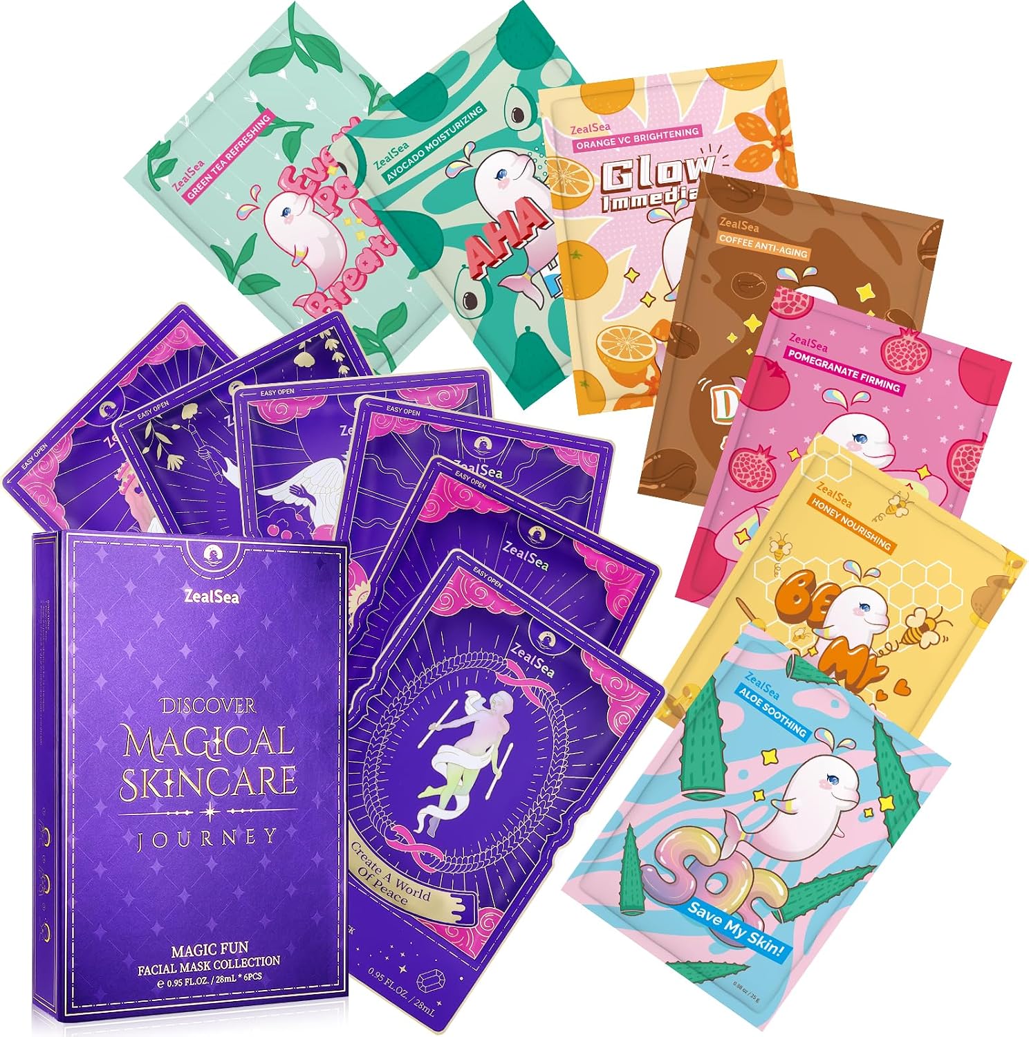 ZealSea Super Hydrating Facial Sheet Mask Bundle front view package showcasing seven unique variety packs.