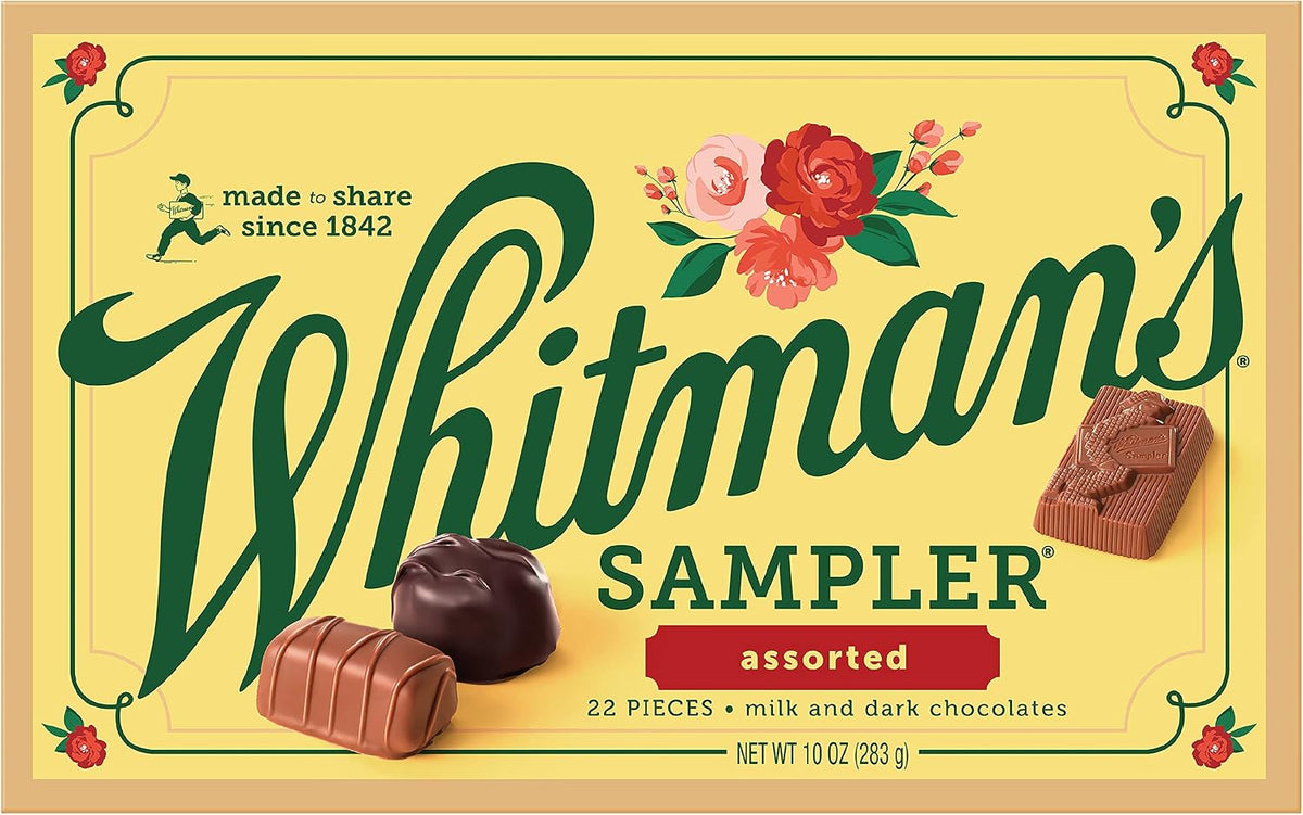Authentic USA imported Russell Stover chocolate assortment box unboxed on a luxury dessert platter.