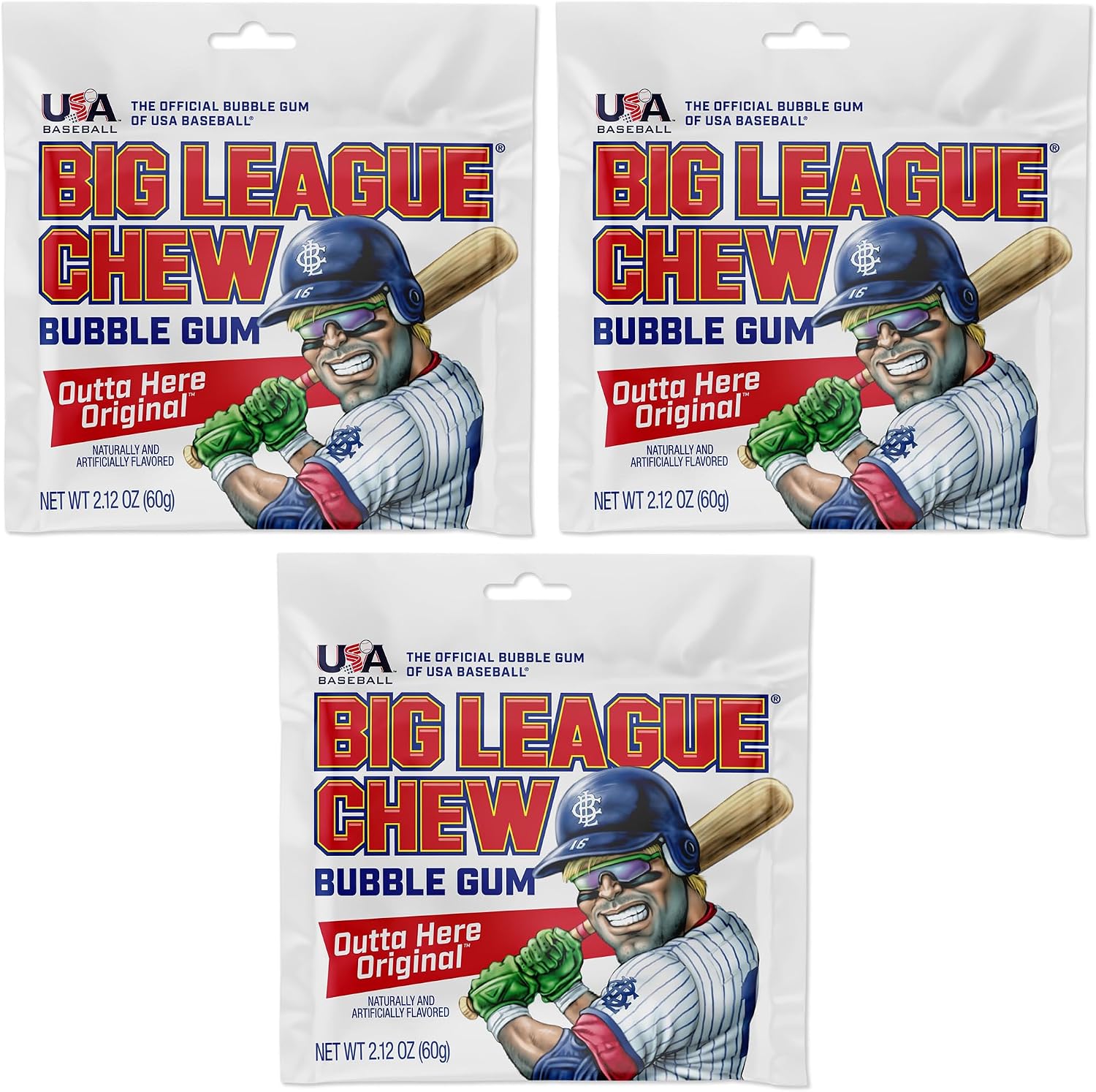 Big League Chew Original Bubble Gum 3-Pack front view showcasing the classic shredded baseball gum pouch.