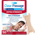 Clear Passage Nasal Strips Extra Strength Tan 50 Count front box view for snoring relief.