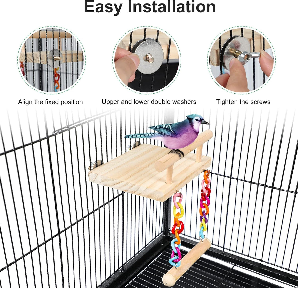 Non toxic bird chewing toy and swinging perch assembly