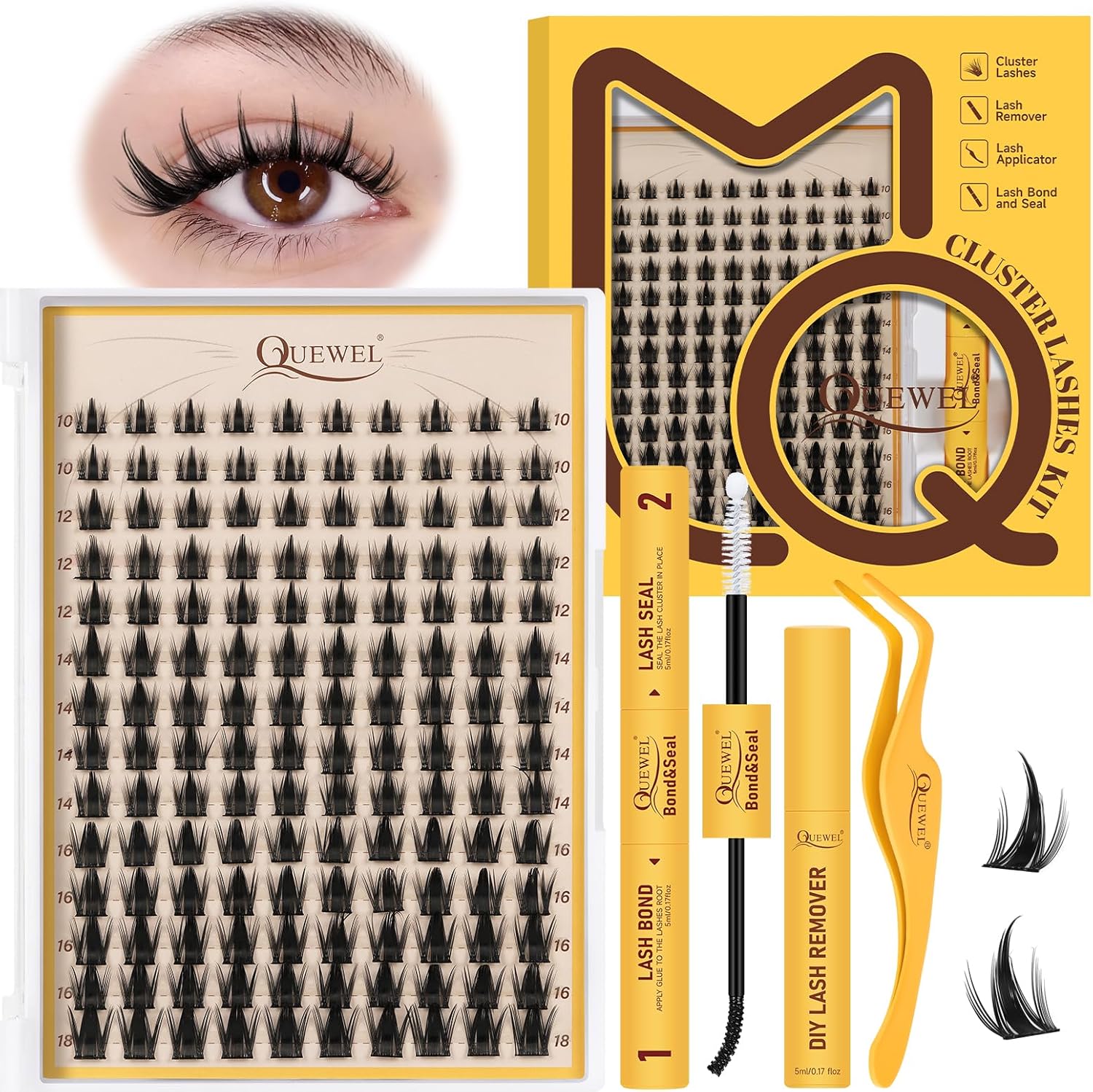 QUEWEL Fairy-Lash Clusters Kit, 140pcs Manga-Eyelash Clusters Kit Mix10-18mm Cluster Eyelash Extensions Kit With Lash Bond and Seal, Lash Tweezers and Remover for DIY Natural Lashes(FD-XYT 4 Set) - Image 1