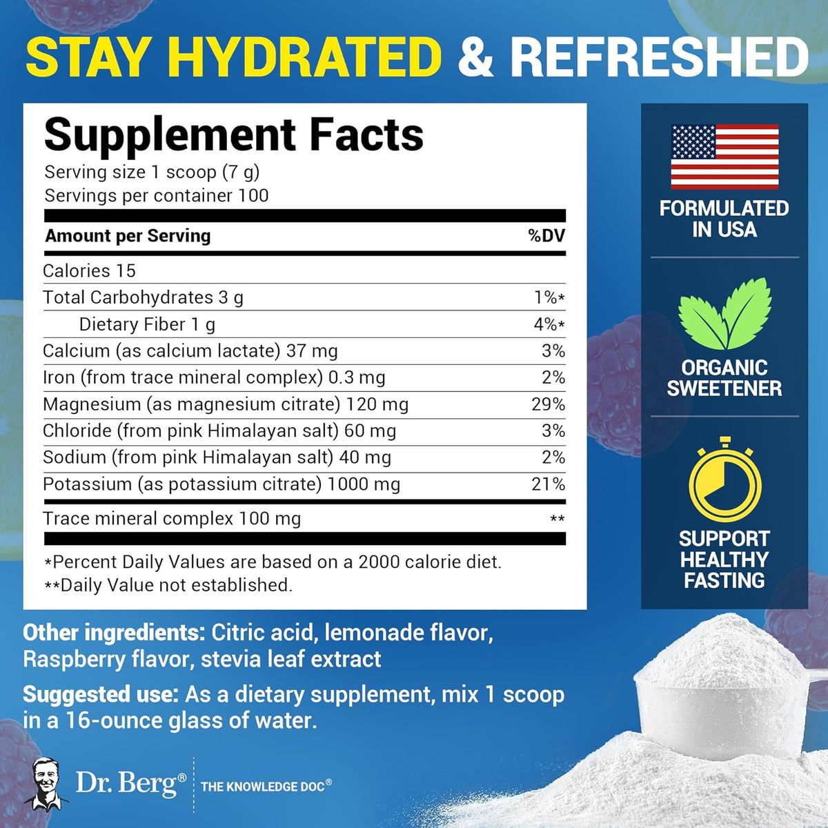 Back label of Dr. Berg hydration supplement with potassium and pink Himalayan salt ingredients