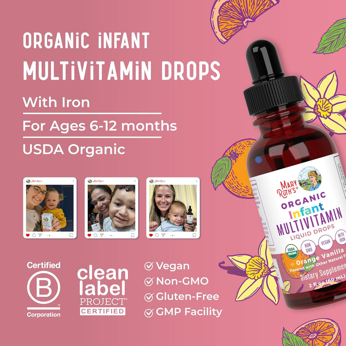 MaryRuth's infant multivitamin close up of product certification seals