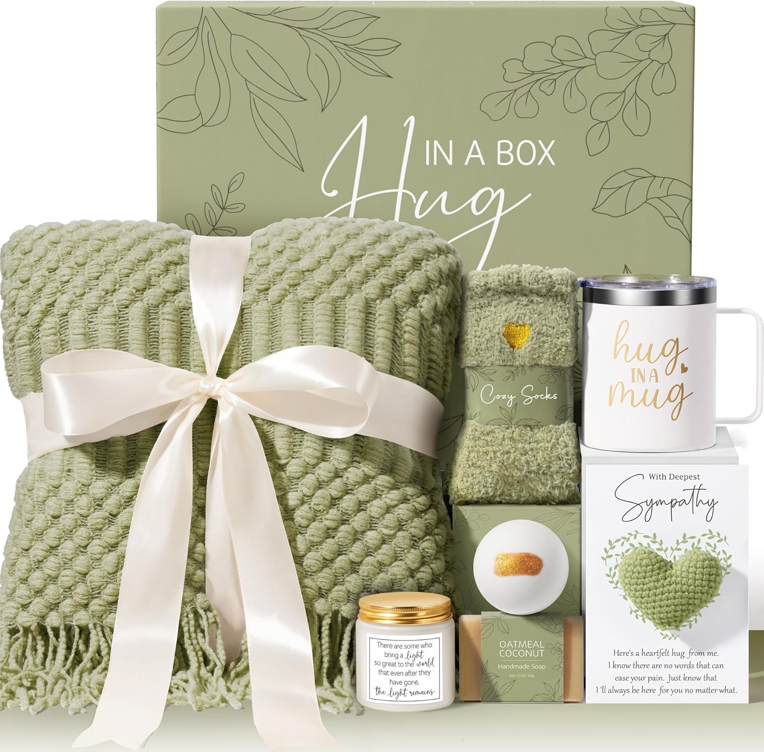 MAYICIVO sympathy gift basket front view showing the complete 8 piece care package