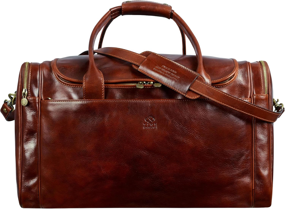 Time Resistance leather duffel bag front view