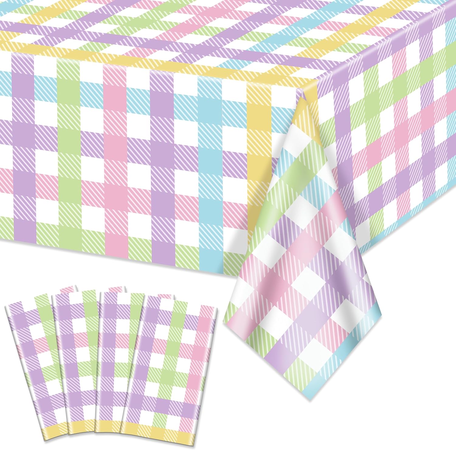Hegbolke pastel plaid plastic tablecloths four pack laid out flat showing the colorful gradient pattern.