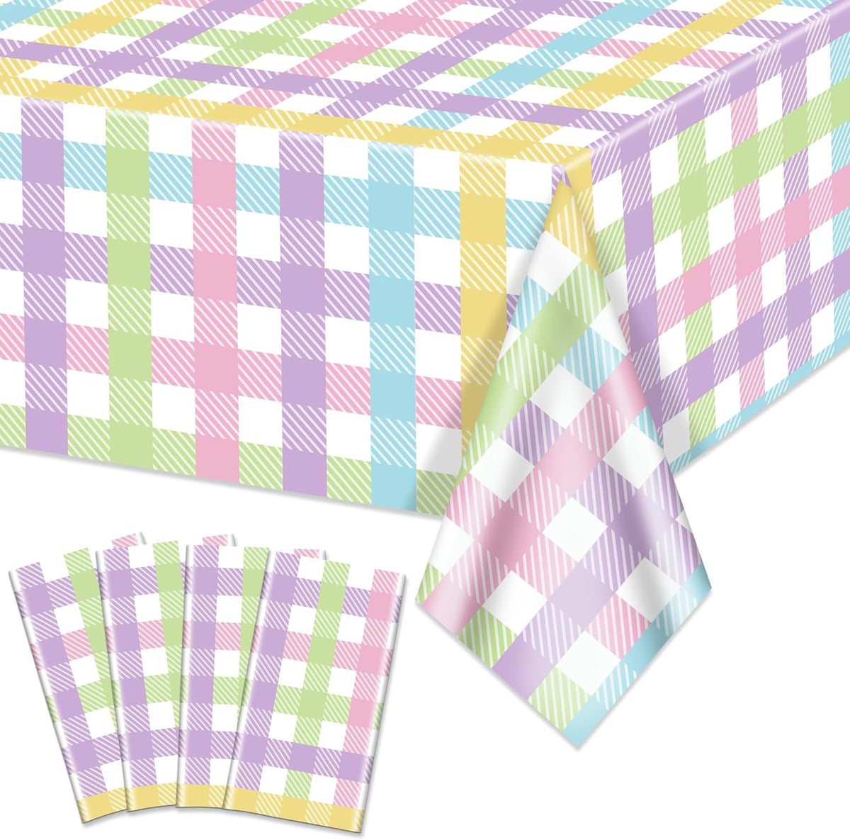 Hegbolke pastel plaid plastic tablecloths four pack laid out flat showing the colorful gradient pattern.