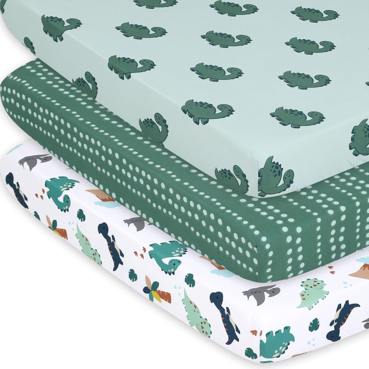 The Peanutshell Green Dino Fitted Playard Sheets 3 Pack front view showing dinosaur pattern.