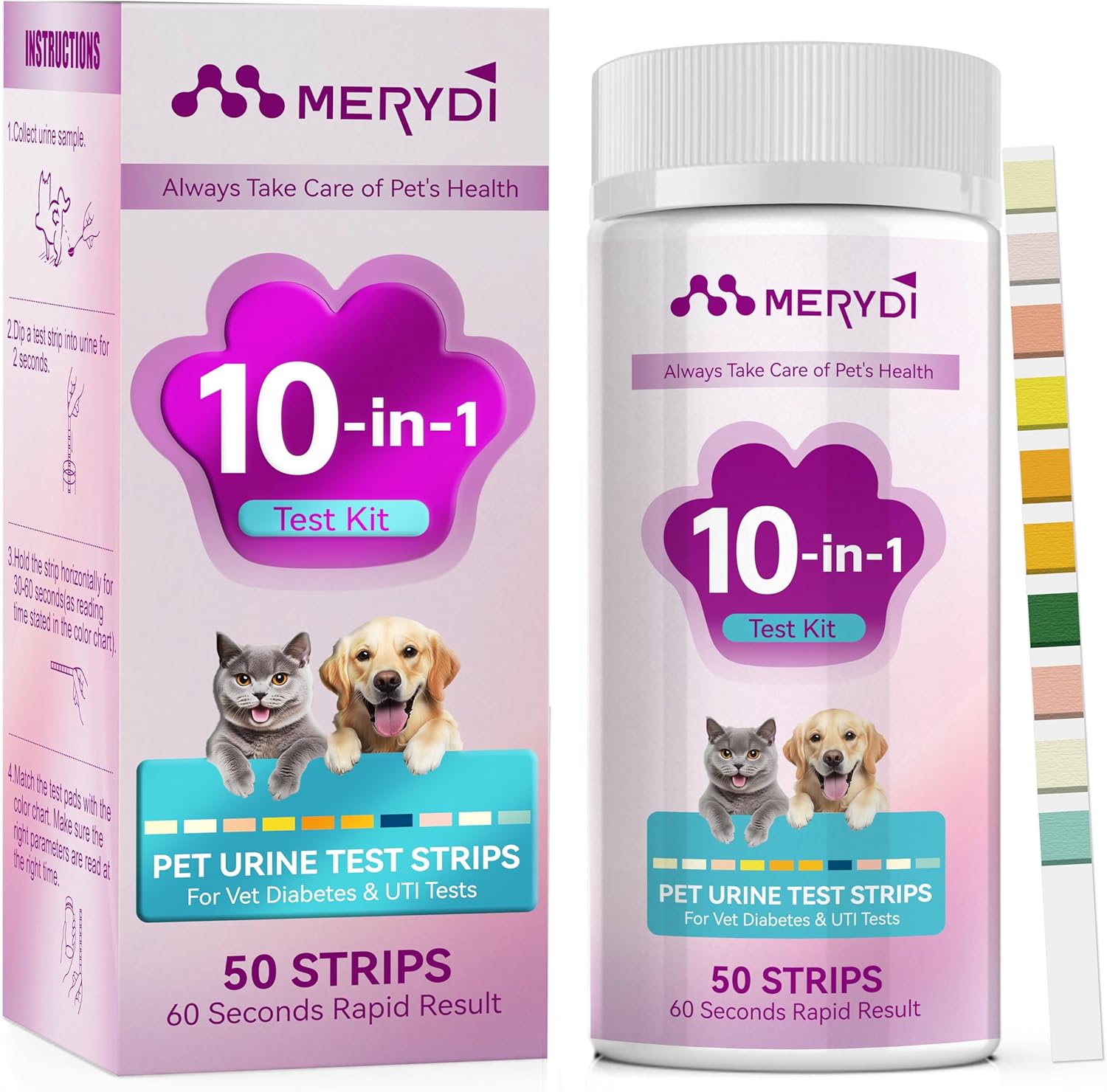 Merydi Dog & Cat Urine Test Strips, 10 Way Pet Urinalysis Testing Kit for Ketone, Glucose, pH and Nitrite, Reagent Strips - Image 1