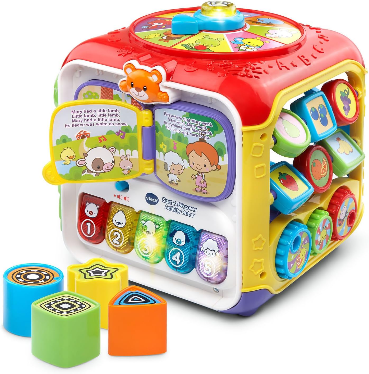 VTech Sort and Discover Activity Cube front view showing interactive red electronic panel and piano keys.