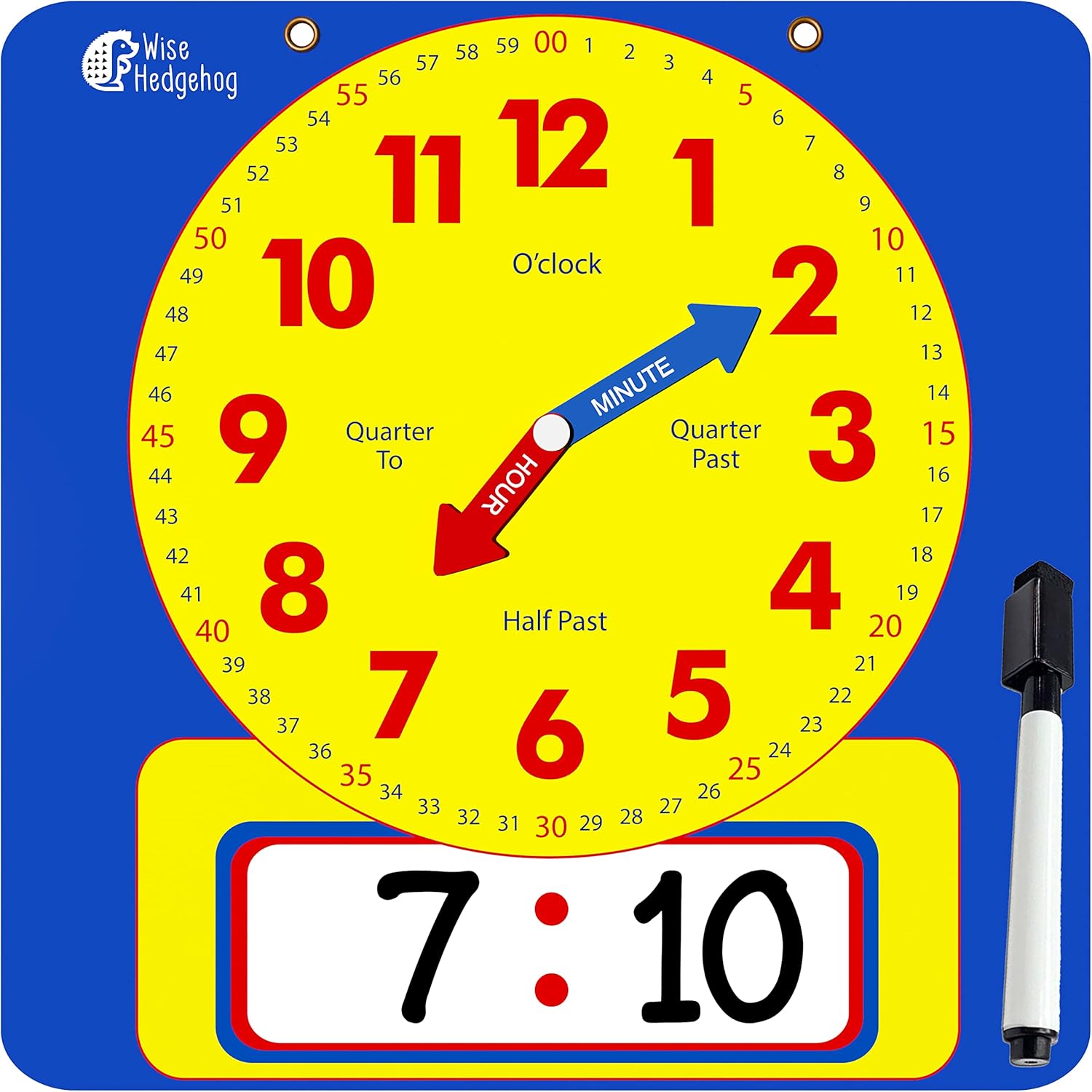 Wise Hedgehog magnetic teaching demonstration clock front view showing analog face and digital dry erase area