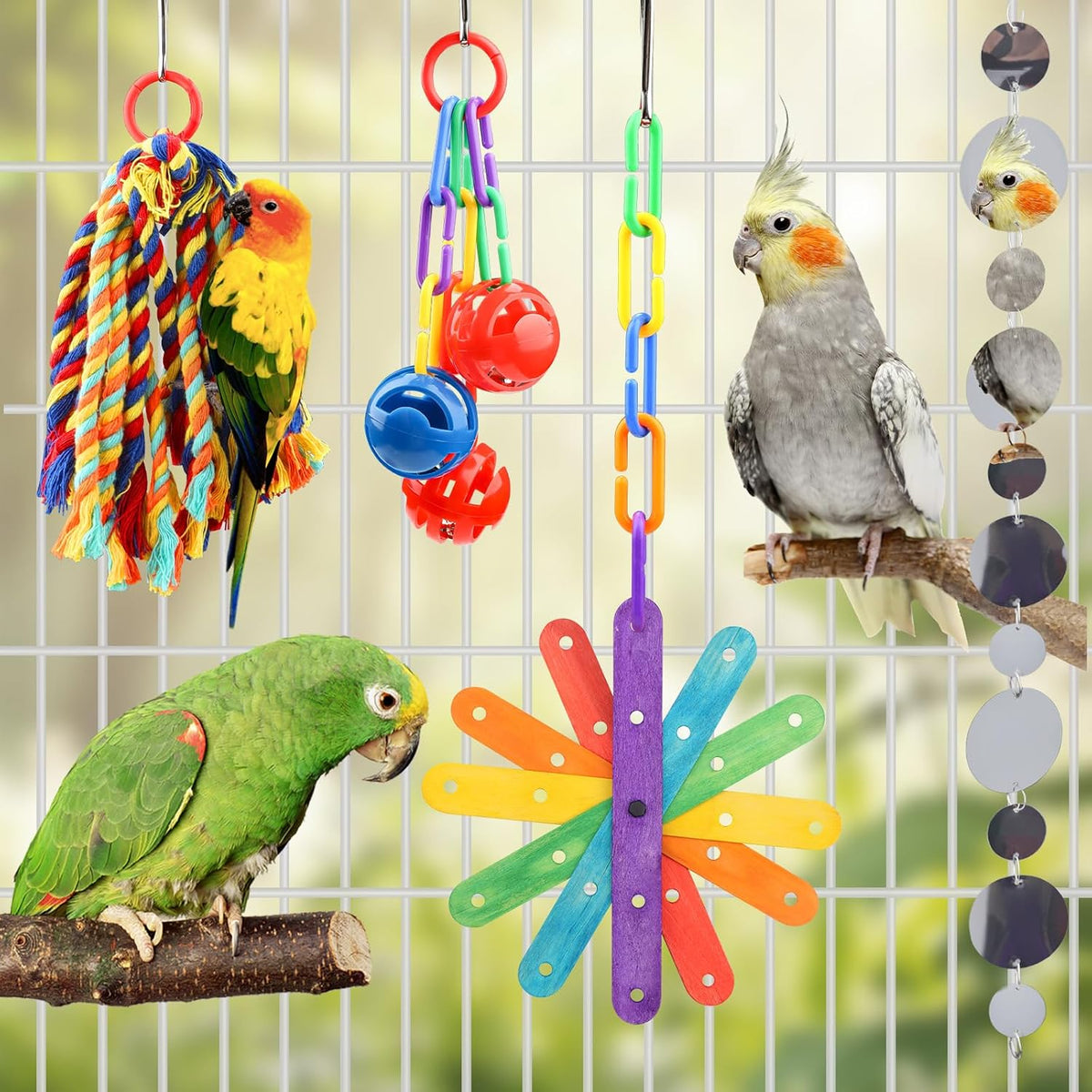 Quozuo lovebird foraging shredder toy assortment for physical activity engagement.