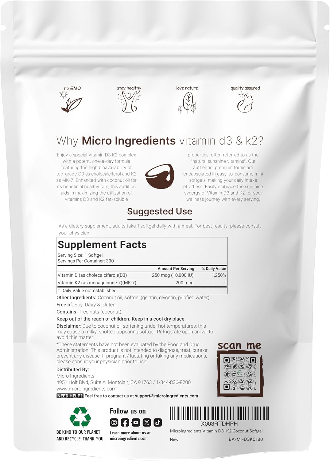 Micro Ingredients extra strength vitamin D3 and K2 bottle label details