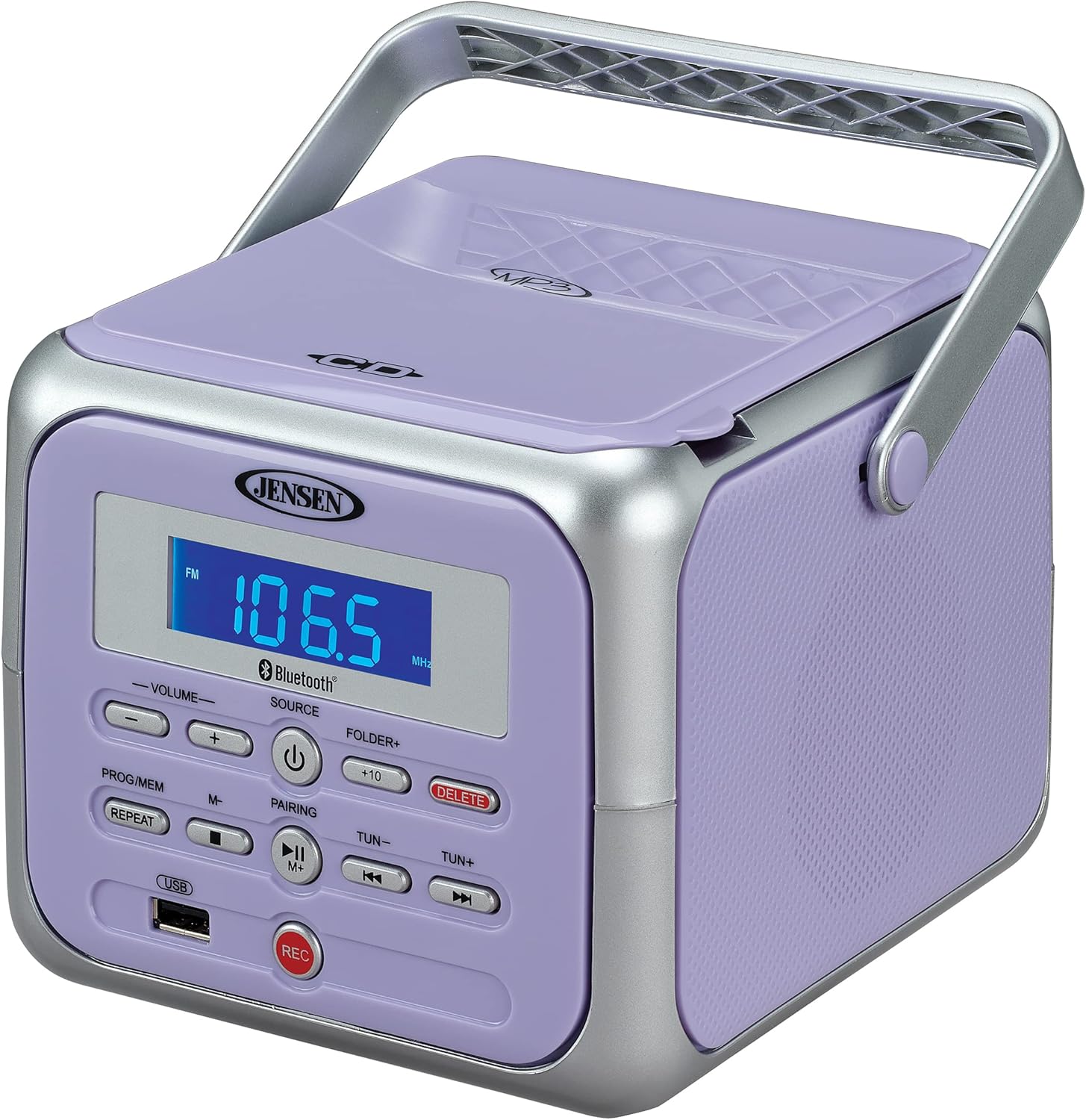 Jensen CD-660 Portable Stereo Boombox in Lavender Purple front view