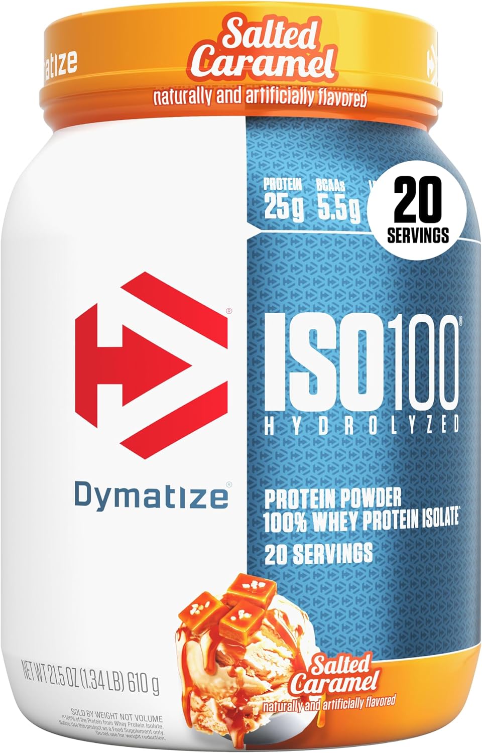 Dymatize ISO100 Whey Protein Powder Isolate, Salted Caramel, 25g of Protein, 5.5g BCAAs, Less Than 120 Cal., Gluten Free, 1g Fat, 1g Sugar, 2g Carb (20 Servings) - Image 1