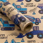 RUSPEPA Kraft Kids Wrapping Paper mini roll front view showcasing blue truck pattern