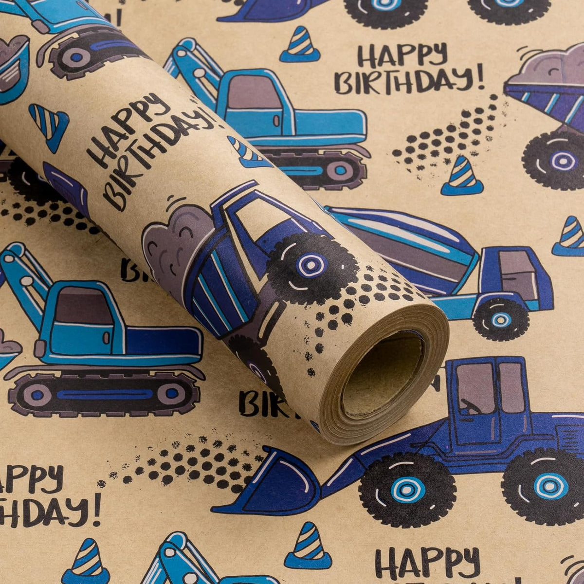RUSPEPA Kraft Kids Wrapping Paper mini roll front view showcasing blue truck pattern