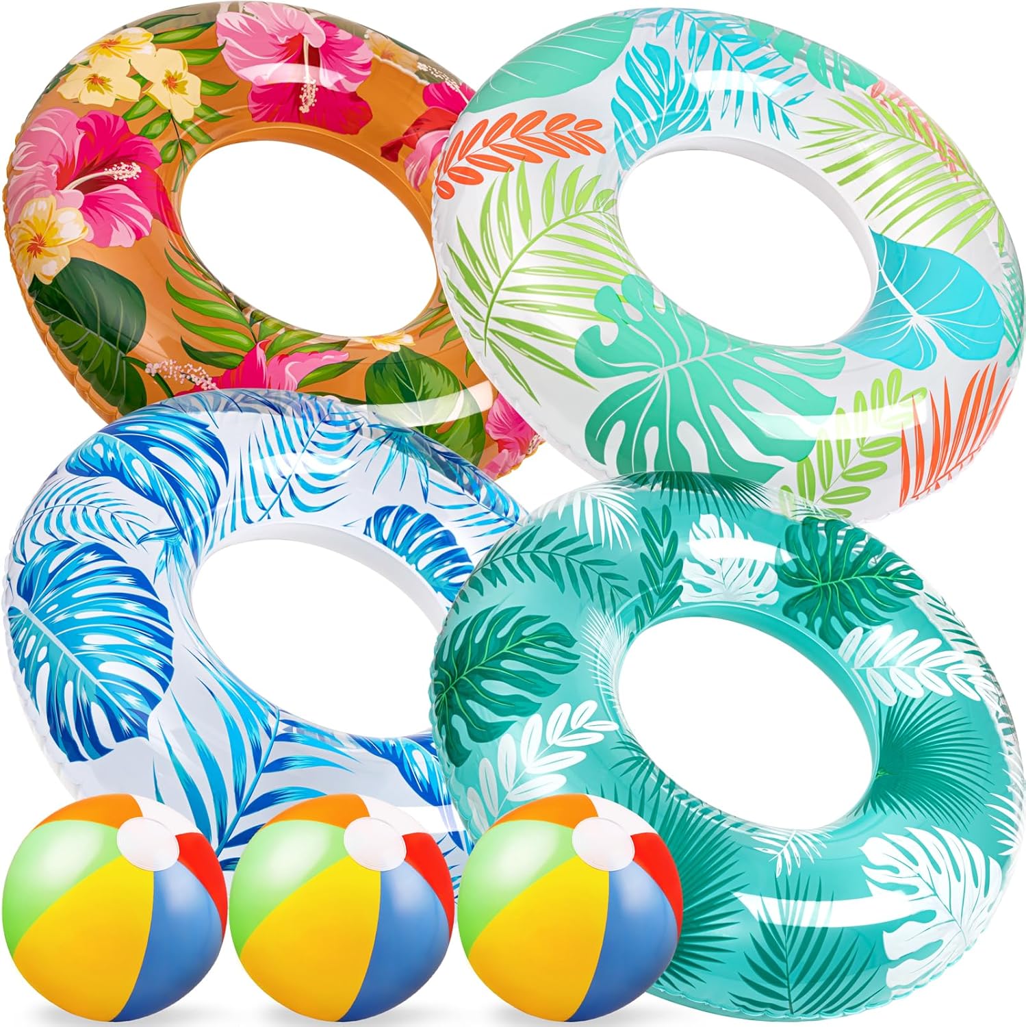 90shine seven piece luau pool floats set front view showcasing vibrant Hawaiian themed swimming rings and beach balls.