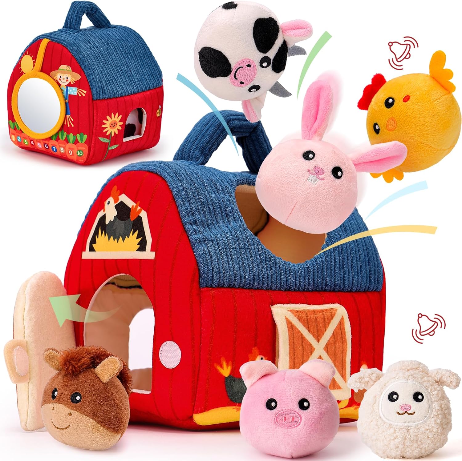 Hahaland Baby Toys Surprise Barn front view featuring the plush farmhouse and six stuffed farm animals.
